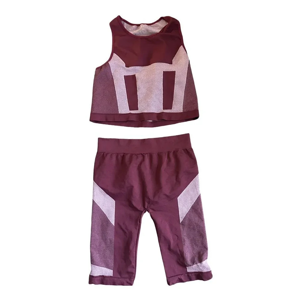 Kimberly C Active Set Cropped Tank Top Biker Shirts Maroon Size M/L Matching Set